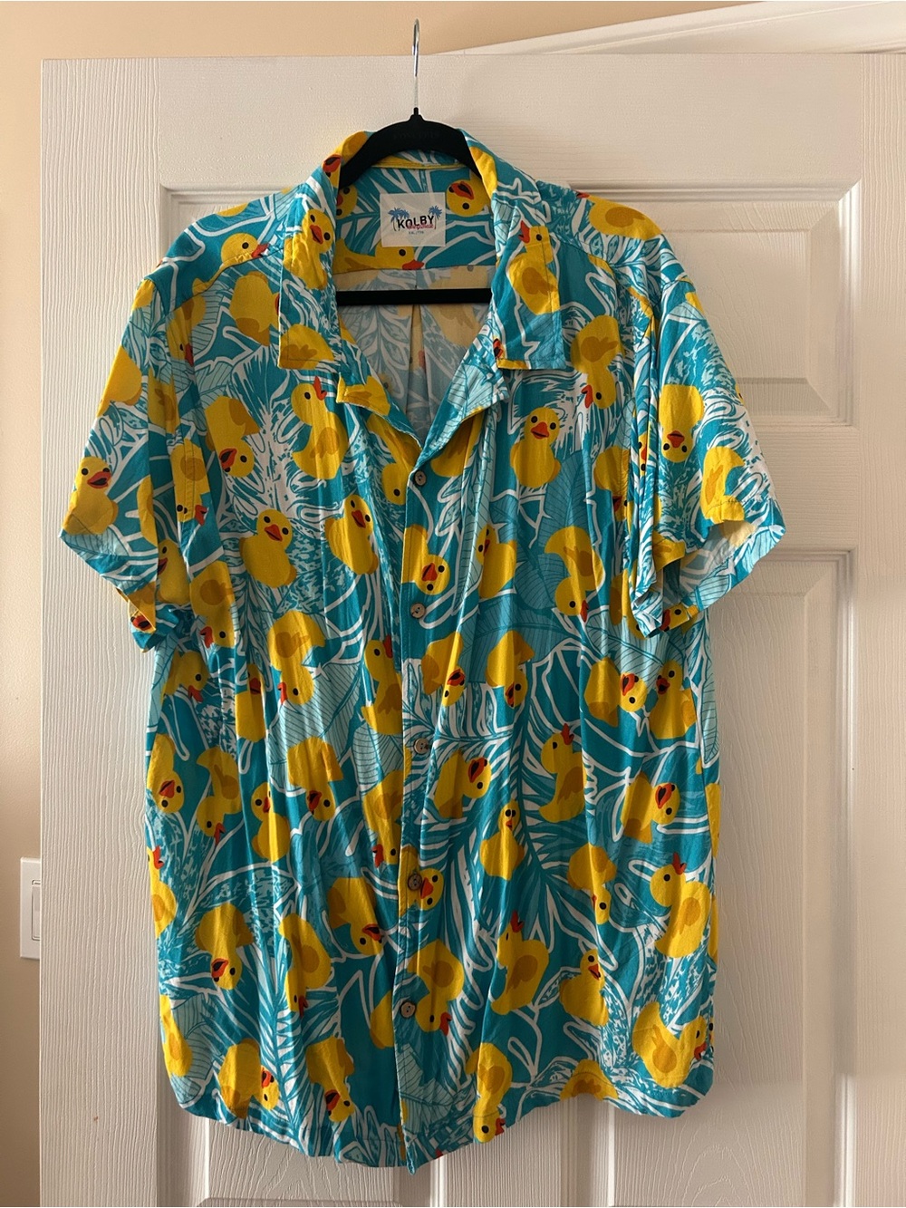 Men’s Turquoise Short-Sleeve Button-Down Shirt with Yellow Duck Print